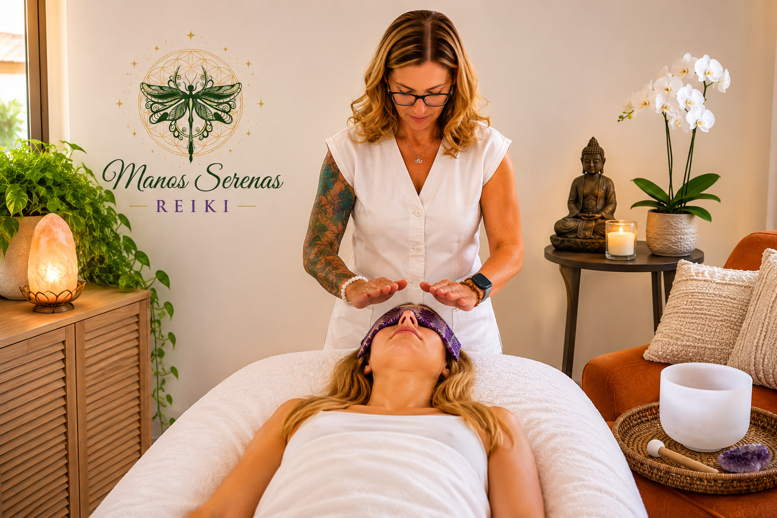 Reiki practitioner performing a serene healing session in a candlelit sanctuary